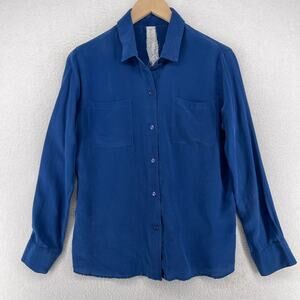 LAILA & SAVANNAH Shirt S Silk Washable Crepe Button Up Long Sleeve Blue USA